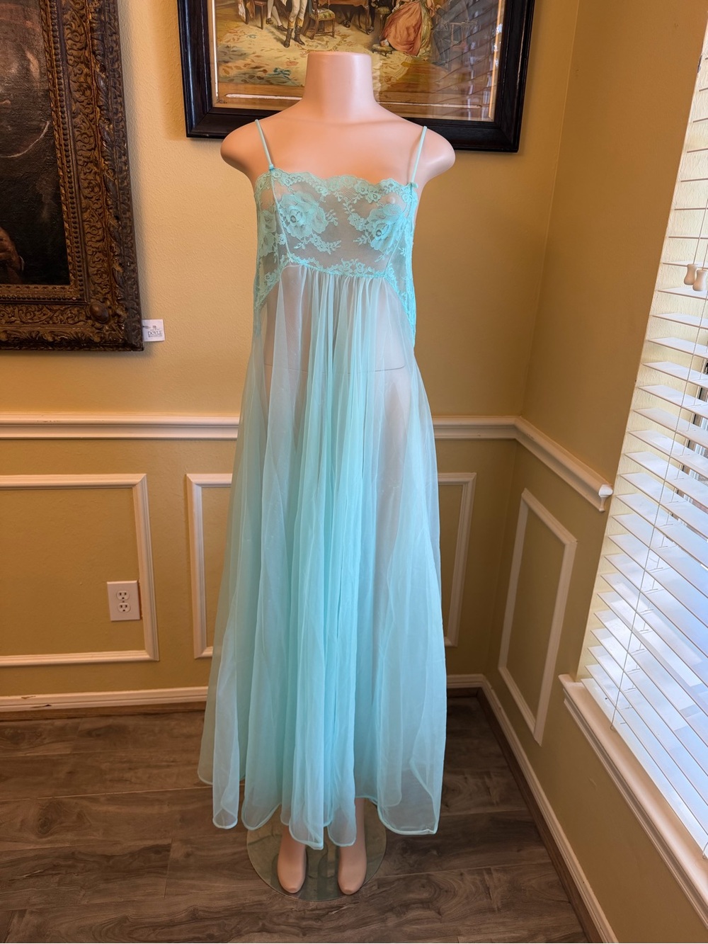 Sheer Lace Bodice Maxi Slip Dress in Light Aqua